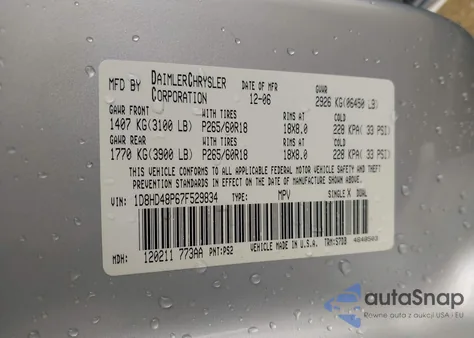 2007 Dodge Durango Slt z USA, uszkodzony, nr VIN 1D8HD48P67F529834